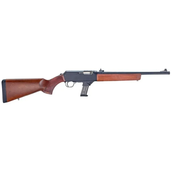 Henry Homesteader Rifle, left-side view with walnut stock and fore-end, black receiver and magazine