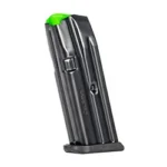 MEC-GAR MAG FITS GLK 19 9MM 10RD AFC black magazine, angled front view with green follower