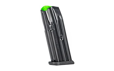 primary-12991 MEC-GAR MAG FITS GLK 19 9MM 10RD AFC black magazine, angled front view with green follower