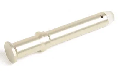 LBE AR 308 Rifle Length Buffer Gold, angled side view with cylindrical body and flanged end