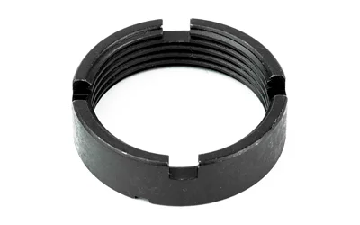 primary-13005 LBE AR CASTLE NUT black notched ring, angled top view with internal threading