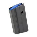 DURAMAG 15RD 6ARC/6.5GRND SS BLK black magazine, angled front view with blue follower