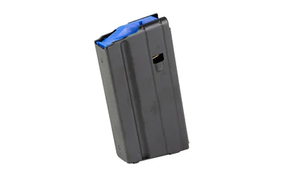 DURAMAG 15RD 6ARC/6.5GRND SS BLK black magazine, angled front view with blue follower