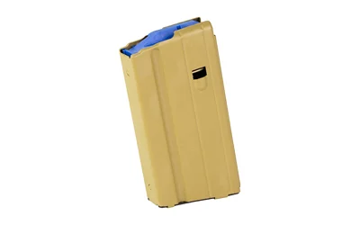 primary-13011 DURAMAG 15RD 6ARC/6.5GRND SS FDE tan magazine, angled front view with blue follower