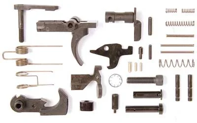 primary-13023 LBE LPK 556 top view of assorted dark metal lower parts, pins, detents and springs