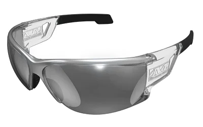 MECHANIX WEAR VISION silver and black safety glasses in front angled view with wraparound lens