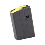 MAG DURAMAG 5RD .400 LEGEND SS BLK, black magazine in angled front view with yellow follower