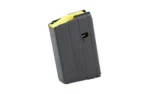 MAG DURAMAG 5RD .400 LEGEND SS BLK, black magazine in angled front view with yellow follower