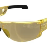 Mechanix Wear Vision amber safety glasses with black temple arms, front three-quarter view