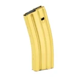 MAG DURAMAG 30RD 5.56 ALUM GOLD, gold curved magazine in angled side view