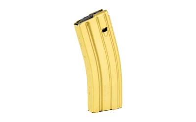 primary-13088 MAG DURAMAG 30RD 5.56 ALUM GOLD, gold curved magazine in angled side view
