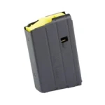 DURAMAG black stainless magazine, angled front view with yellow follower