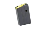 DURAMAG black stainless magazine, angled front view with yellow follower