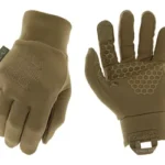 Mechanix Wear CW Base Layer coyote gloves, back and palm views with textured grip