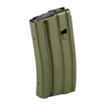 DURAMAG aluminum magazine olive drab with black top, angled front view with ribbed body
