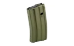 DURAMAG aluminum magazine olive drab with black top, angled front view with ribbed body