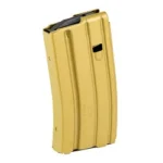 DURAMAG aluminum magazine dark gold with black top, angled front view with ribbed body
