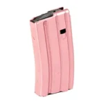 DURAMAG 20RD 5.56 ALUM MAG PK/BK pink curved magazine, angled front view with black follower
