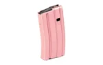 DURAMAG 20RD 5.56 ALUM MAG PK/BK pink curved magazine, angled front view with black follower