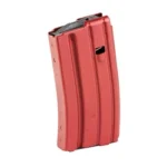 DURAMAG 20RD 5.56 ALUM MAG RG/BK red curved magazine, angled front view with black follower