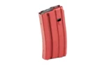 DURAMAG 20RD 5.56 ALUM MAG RG/BK red curved magazine, angled front view with black follower