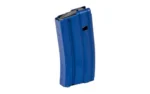 DURAMAG 20RD 5.56 ALUM MAG BL/BK blue curved magazine, angled front view with black follower