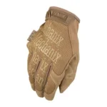 MECHANIX WEAR ORIG COYOTE XXL, coyote gloves in angled top view with printed backs