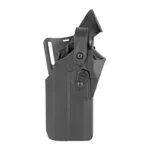 Safariland SL 7360RDS black holster, angled front view with retention hood and belt mount
