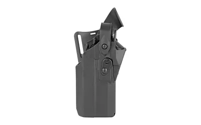 primary-13190 Safariland SL 7360RDS black holster, angled front view with retention hood and belt mount