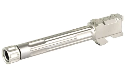 LANTAC 9INE FOR G17 silver barrel, angled side view with fluting and threaded muzzle