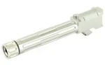 LANTAC BBL FOR G19 silver barrel, angled side view with fluting and threaded muzzle