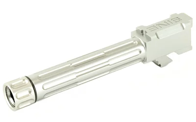 LANTAC BBL FOR G19 silver barrel, angled side view with fluting and threaded muzzle