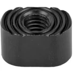 LBE AR MAG RELEASE BUTTON black, angled top view with concentric ridges and threaded center