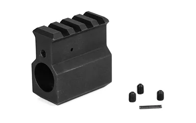 LBE .750 GAS BLOCK W/RAIL BLK, black gas block with top rail, opening and loose hardware