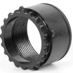 LBE AR 308 BARREL NUT, black angled view with threaded interior and notched rim