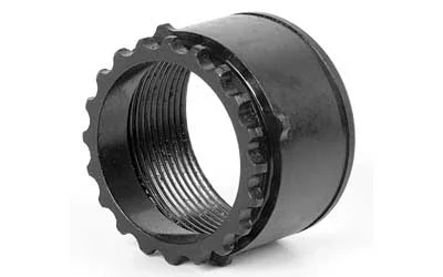 LBE AR 308 BARREL NUT, black angled view with threaded interior and notched rim
