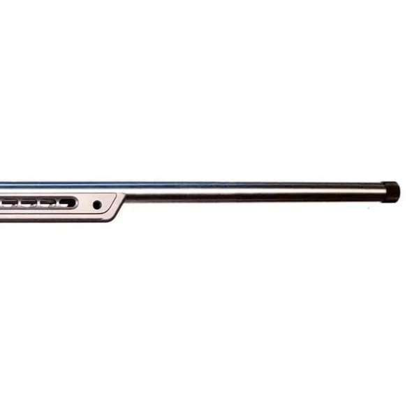 Masterpiece Arms MPA PMR Tungsten Bolt Action Rifle, partial side view of polished barrel and chassis