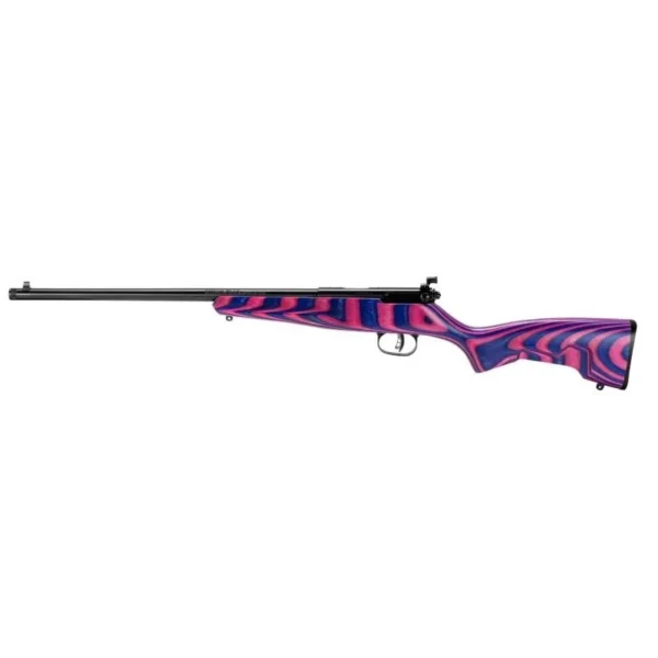 Savage Arms Rascal Minimalist rifle, left side, pink and purple stock with black barrel
