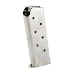 MAG CMC PROD CLSC COMP silver steel magazine in angled side view with black base and follower