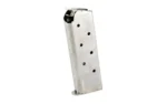 MAG CMC PROD CLSC COMP silver steel magazine in angled side view with black base and follower