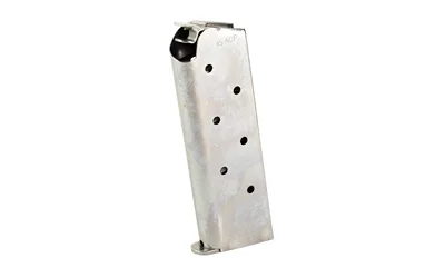 MAG CMC PROD CLSC COMP silver steel magazine in angled side view with black base and follower