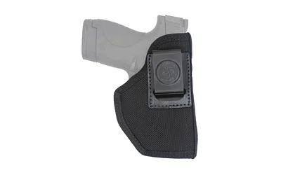 DeSantis Super Stealth P320C black holster, side view with belt clip and handgun outline