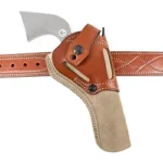 DeSantis Wild Hog tan and brown holster on matching belt, front view