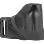 DESANTIS E-GAT SLIDE J FRAME RH BLK black leather holster, side view with belt slot and stitching