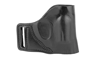 DESANTIS E-GAT SLIDE J FRAME RH BLK black leather holster, side view with belt slot and stitching