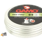 Gamo Red Fire pellet tin with two pellets displayed, angled top view