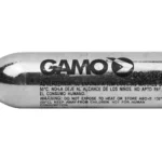 GAMO CO2 CARTRIDGE 5/PK silver cartridge, side view with black Gamo branding