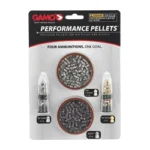 GAMO COMBO PACK PERFORMANCE 22CAL front view of blister pack with two pellet tins and two small tubes