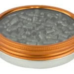 GAMO WHISPER PELLET 177CAL 150CT top view of open orange and silver tin filled with gray pellets