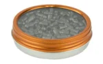GAMO WHISPER PELLET 177CAL 150CT top view of open orange and silver tin filled with gray pellets